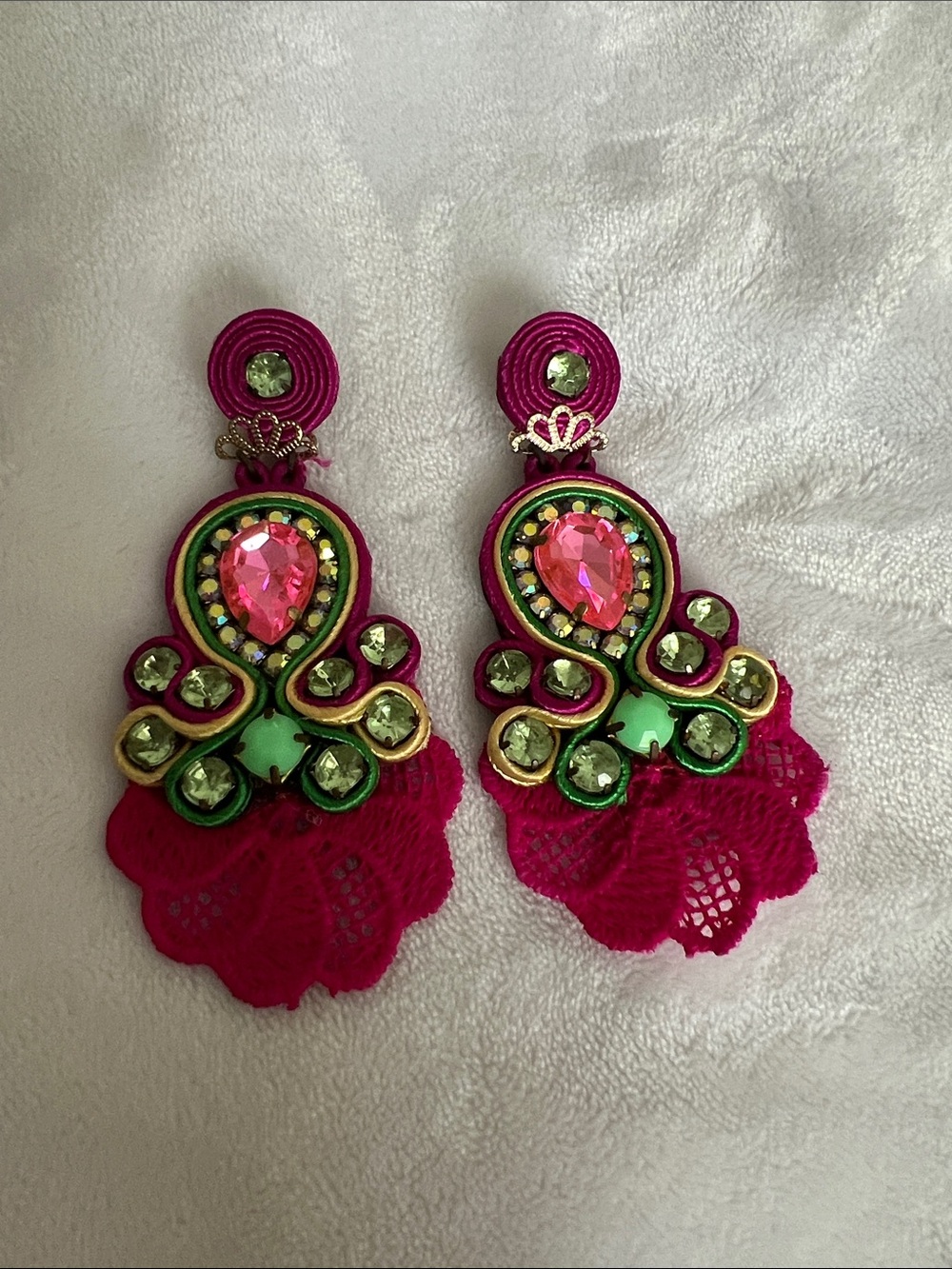 Handcrafted Pink Green Crystal Statement Earrings - Unbranded